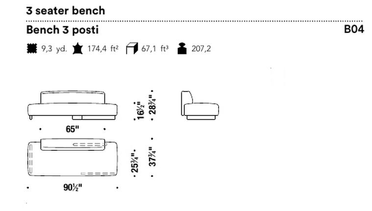 Loveland Sofa by Moroso, size drawing: 3 seater bench