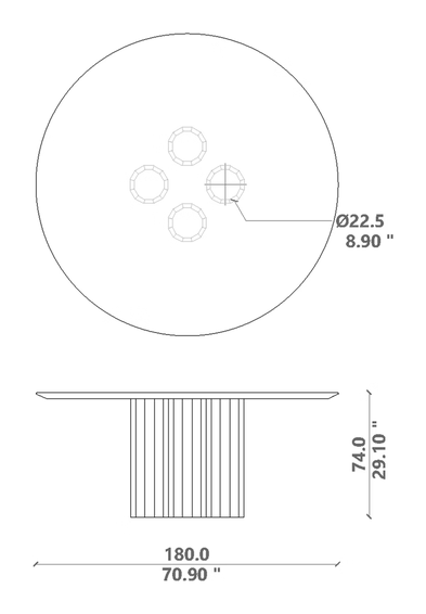Salinas Dining Table by Talenti, size drawing: Ø 180
