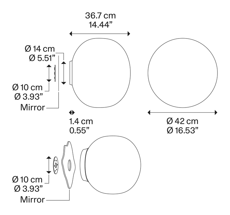 Volum Wall Lamp by Lodes, size drawing: Volum mirror 42
