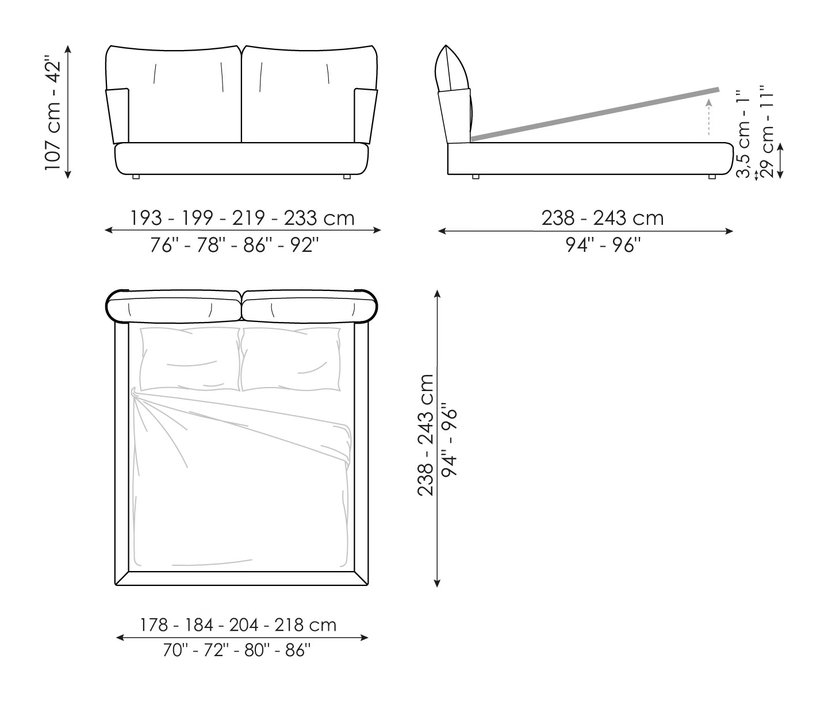 Blend Bed by Bonaldo, size drawing: Blend bed hi open