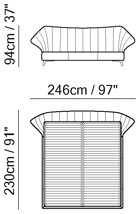 Cala Bed by Natuzzi Italia: Bed with split mesh 180X200, outline drawing with sizes