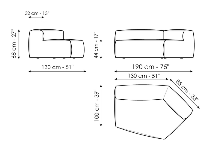Peanut B. Modular Sofa by Bonaldo, size drawing: Semi-corner