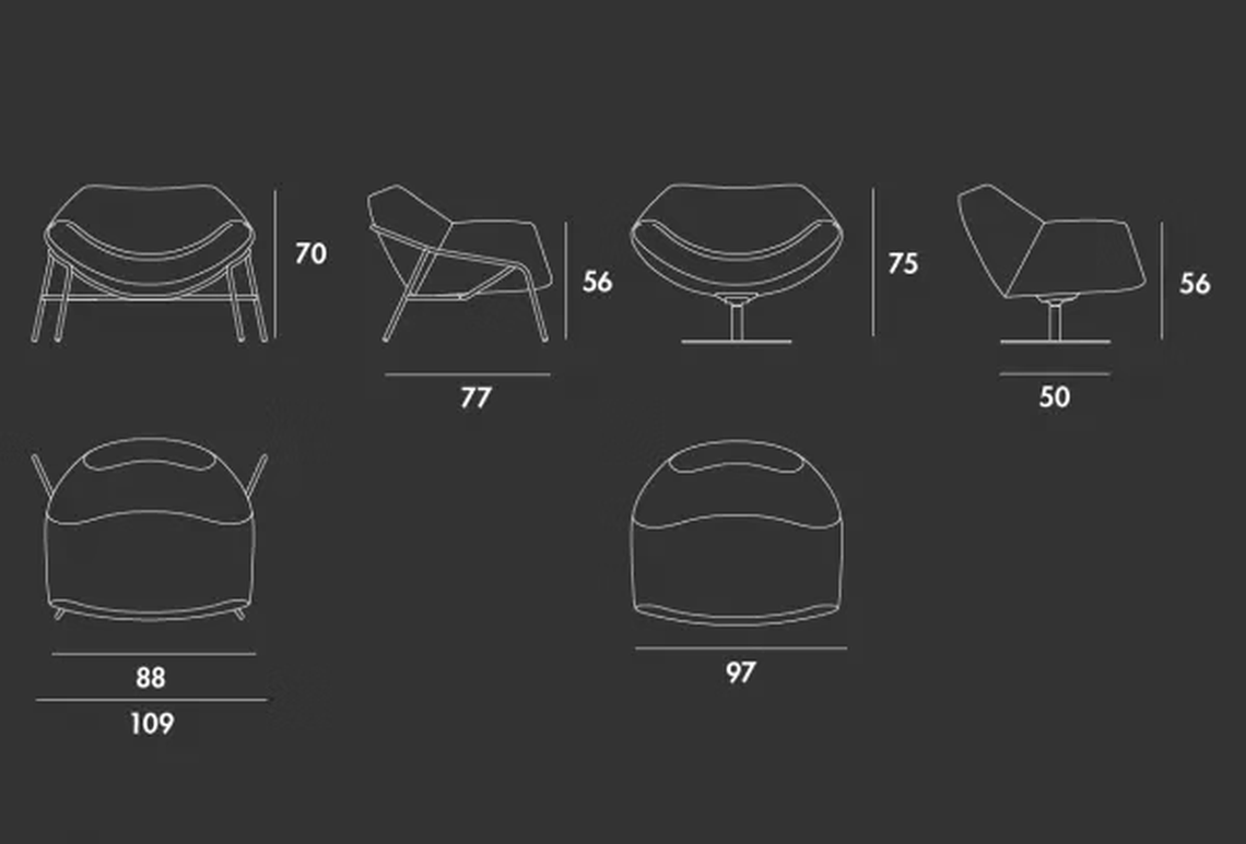 Alisia Armchair without Headrest by Sovet, size drawing