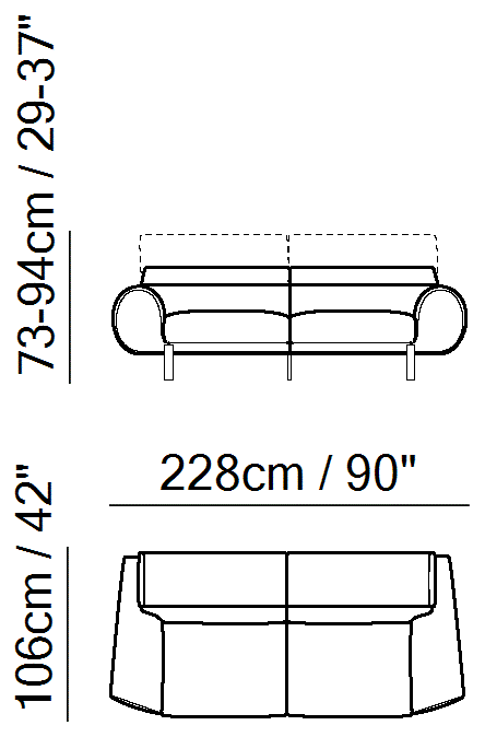 Plutone Sectional by Natuzzi Italia: Three-Seat Sofa, outline drawing with sizes