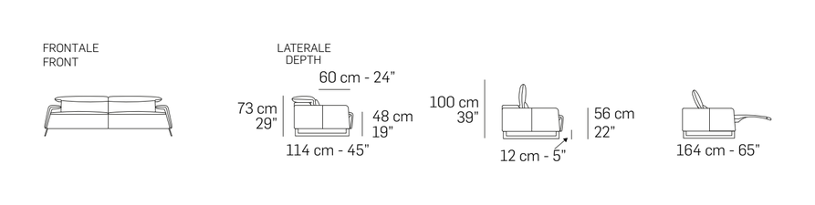 Canaletto Sofa by Nicoline, size drawing: Front and side views