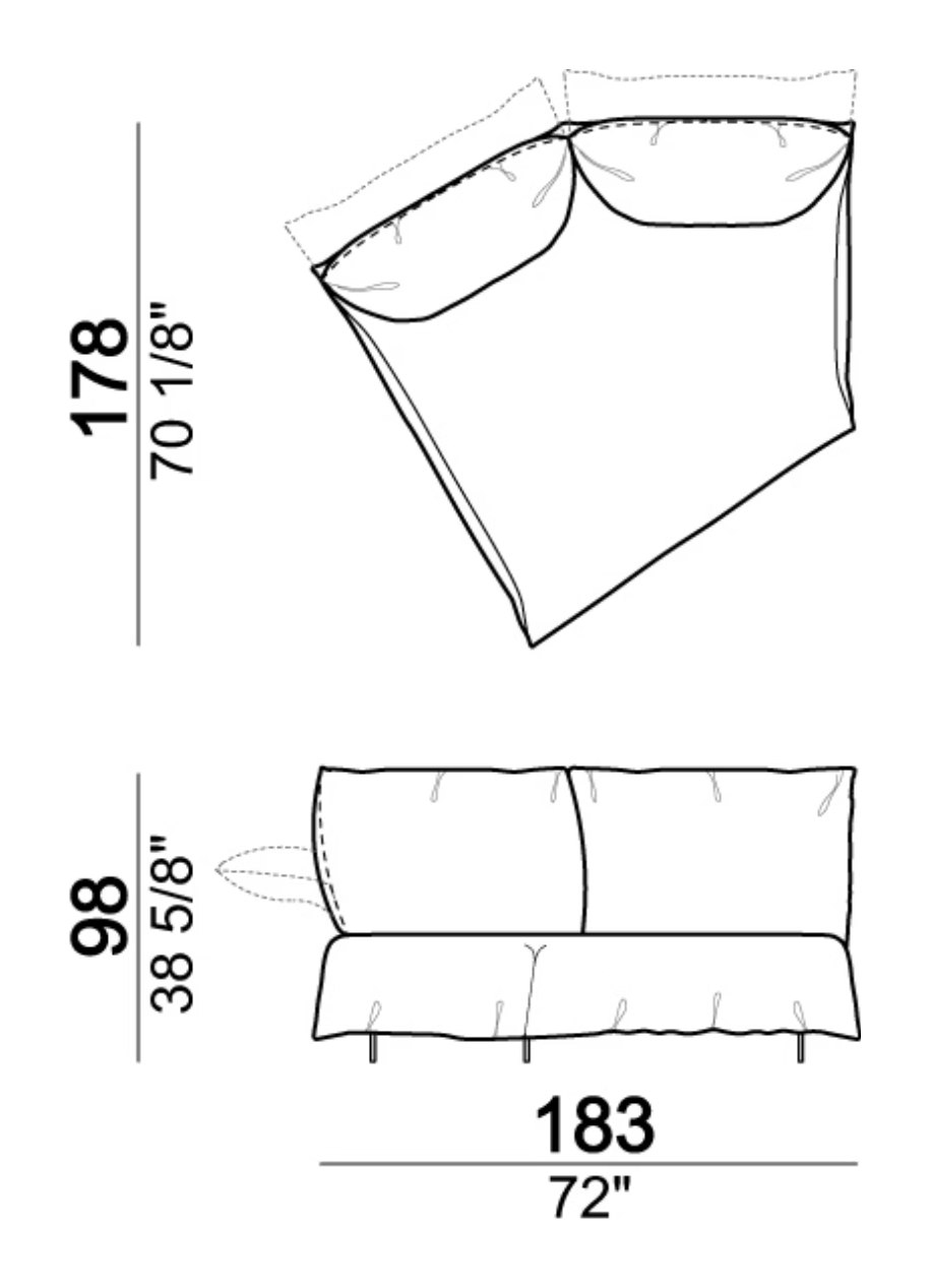 Bodyguard Zen Sofa by Arketipo, size drawing: Dormeuse with right or left angle 30°