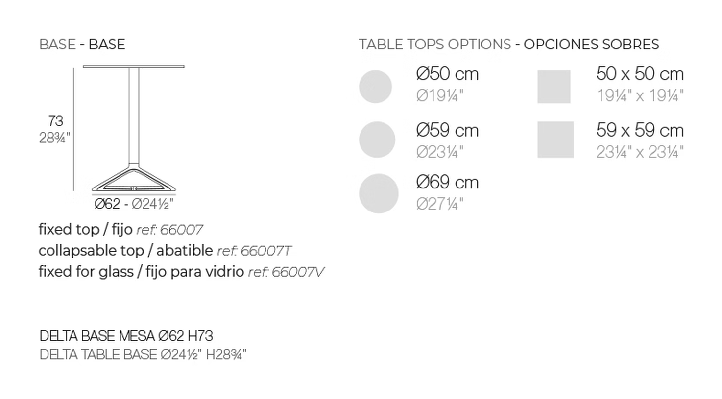 Delta Table Base H:73 cm by Vondom, size drawing