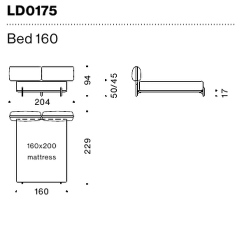 Tender Bed by Moroso, size drawing: Bed 160