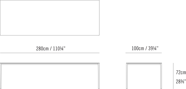 Able Table by Bensen, size drawing: Able Dining Table 280 x 100