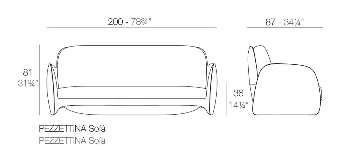 Pezzettina Sofa by Vondom, size drawing