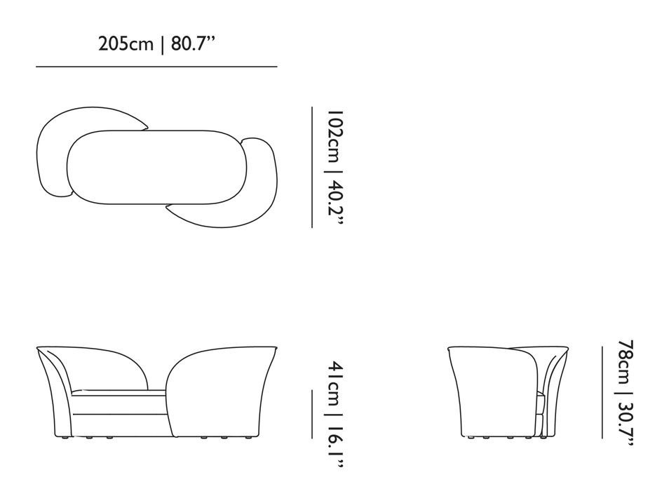 Aldora Vis a Vis Sofa by Moooi, size drawing: Left