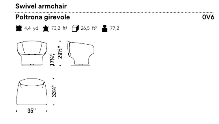 Bloomy Armchair by Moroso, size drawing: Swivel armchair
