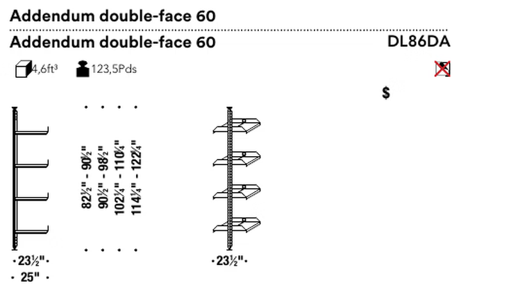 Mecano Bookcase by Moroso, size drawing: Addendum double-face 60