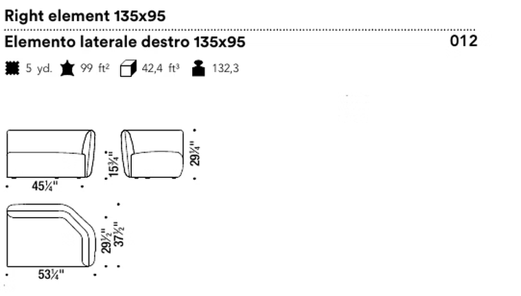 Chamfer Sofa by Moroso, size drawing: Right element 135x95