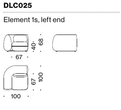 D-Scape Sofa by Moroso, size drawing: Element 1s, left end
