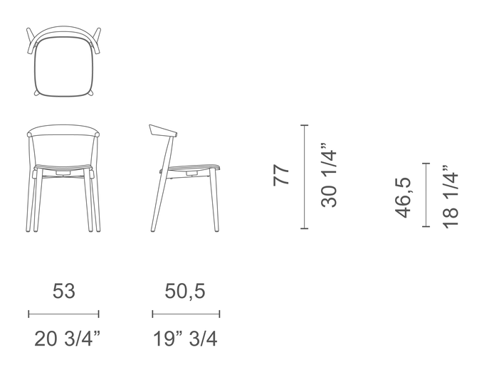 Newood Light Chair by Cappellini, size drawing: NWL1T