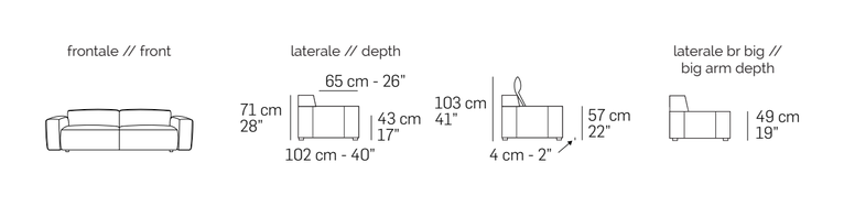 Cairoli Sofa by Nicoline, size drawing: Front and side views