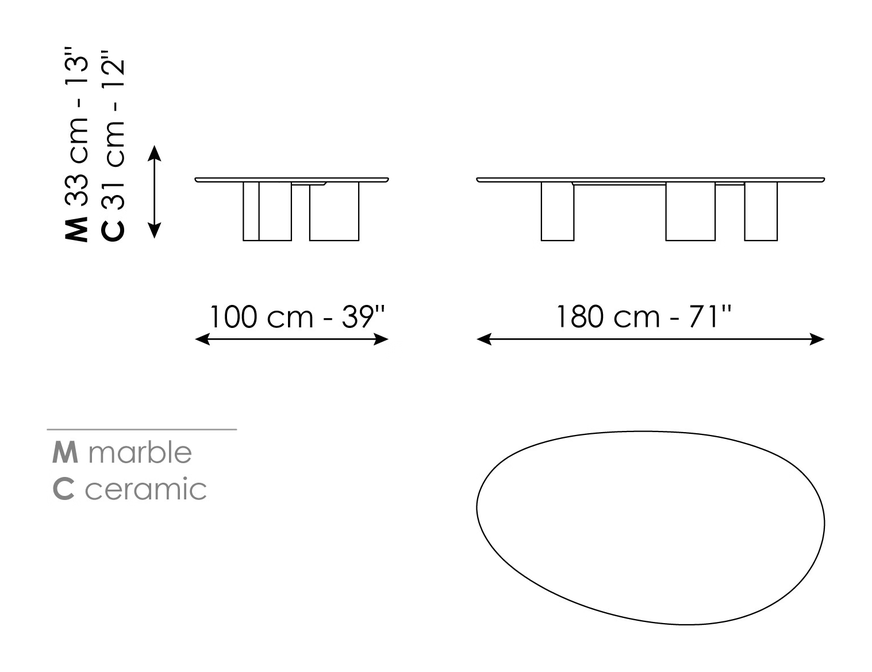 Sasso Coffee Table by Bonaldo, size drawing: Sasso low