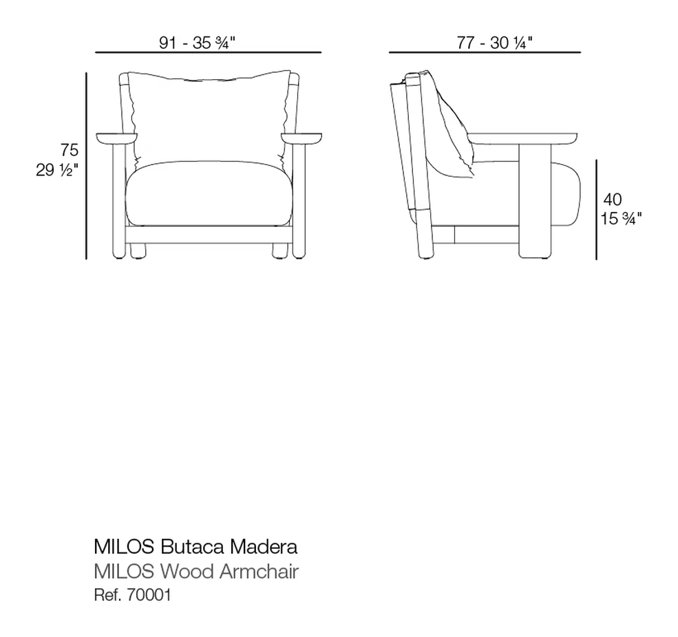 Milos Wood Lounge Chair by Vondom, size drawing