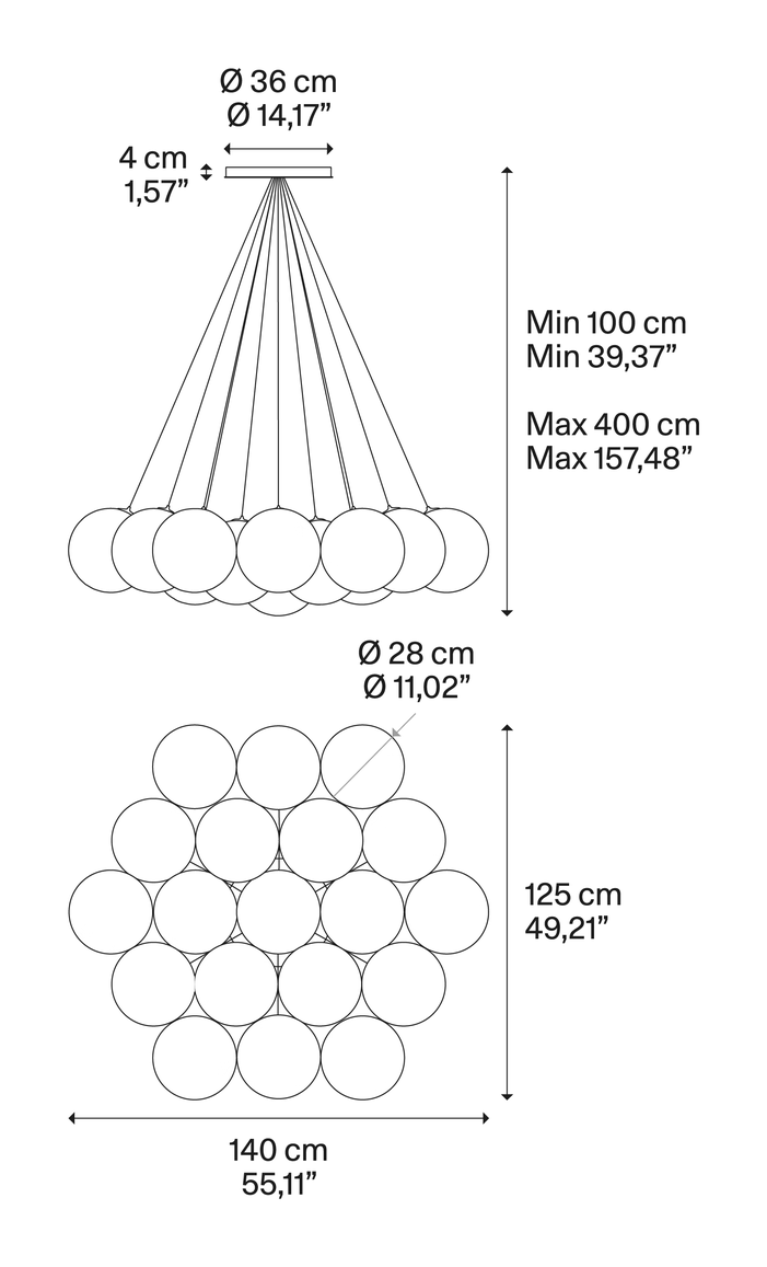 Random Cloud Pendant Lamp by Lodes, size drawing: Random Cloud 19 Lights Ø28