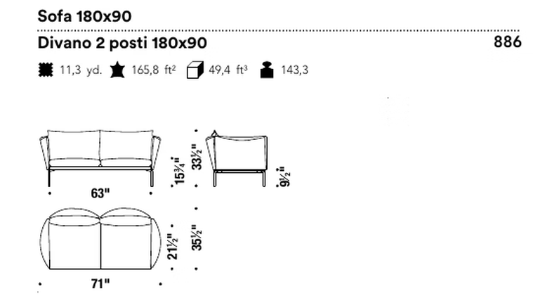 Gentry Extra Light Sofa by Moroso, size drawing: Sofa 180x90