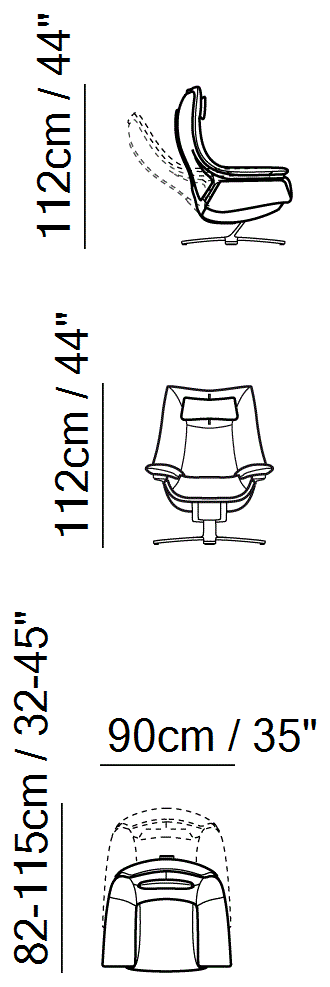 Re-Vive Casual Recliner by Natuzzi Italia: Re-Vive armchair with headrest, outline drawing with sizes