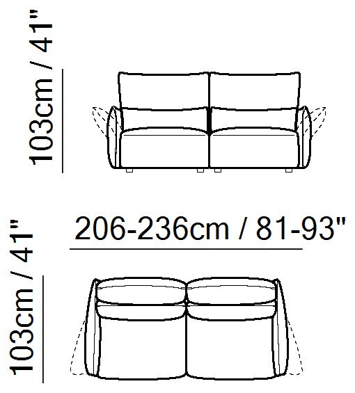 Wellbe Sectional by Natuzzi Italia: Three-seater sofa, outline drawing with sizes