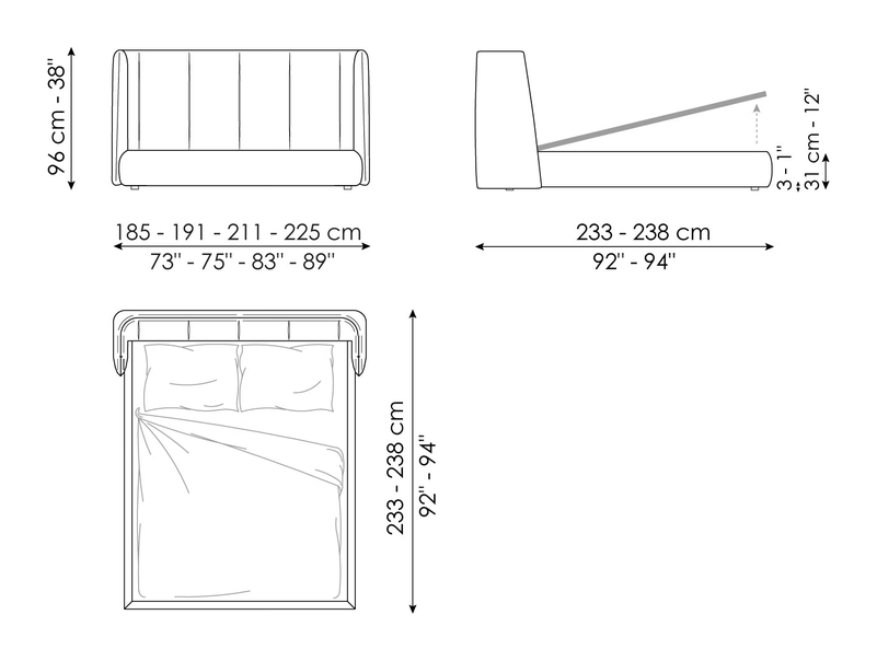 Basket Double Bed by Bonaldo, size drawing: Basket plus open