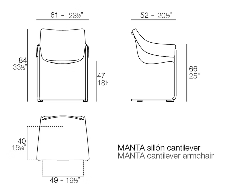 Manta Cantilever Chair by Vondom, size drawing