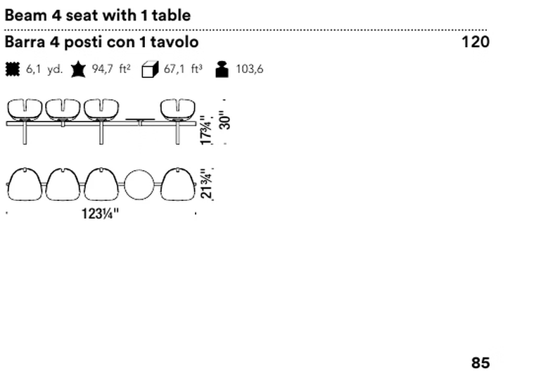 Fjord Seating System by Moroso, size drawing: Beam 4 seat with 1 table