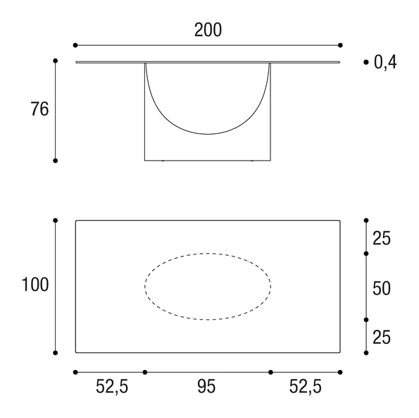 U Dining Table by Lago, size drawing: 2490W