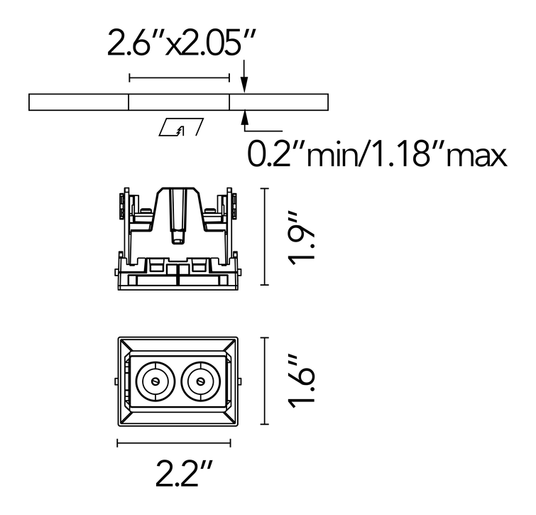 Light Shadow Mini No Trim Downlight by Flos, size drawing: Light Shadow Mini Adjustable No Trim 2 Spots