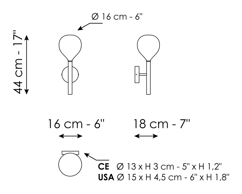 Sofì Pendant by Bonaldo, size drawing: Wall lamp