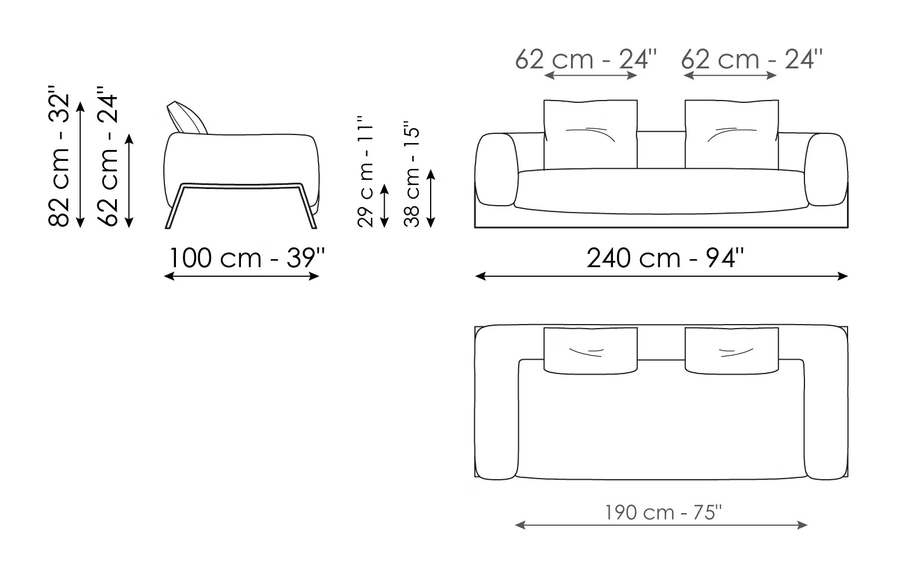 Boolean Sofa by Bonaldo, size drawing: Sofa 240