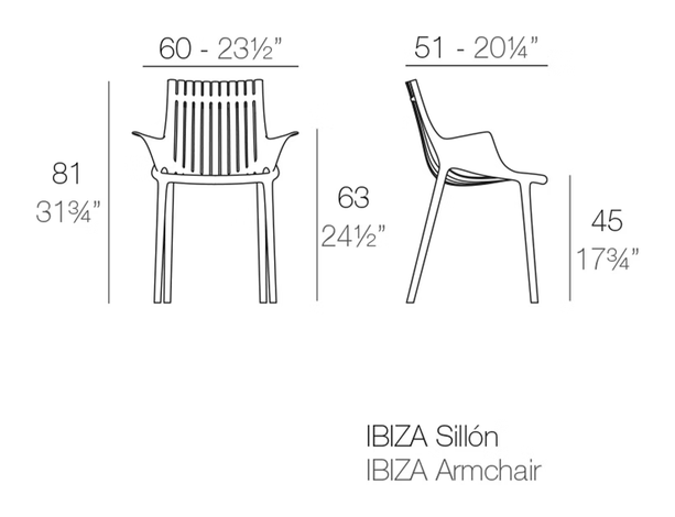 Ibiza Armchair by Vondom, size drawing