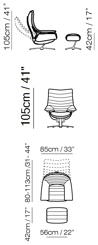 Re-Vive Lounge Recliner by Natuzzi Italia: Re-Vive armchair with footrest, outline drawing with sizes