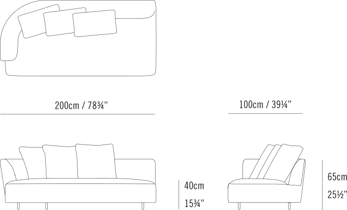 Max Sectional by Bensen, size drawing: Max Sectional 200 Left