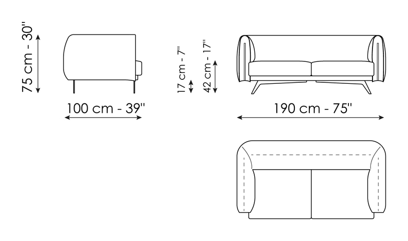 Saddle Sofa by Bonaldo, size drawing: Sofa 190