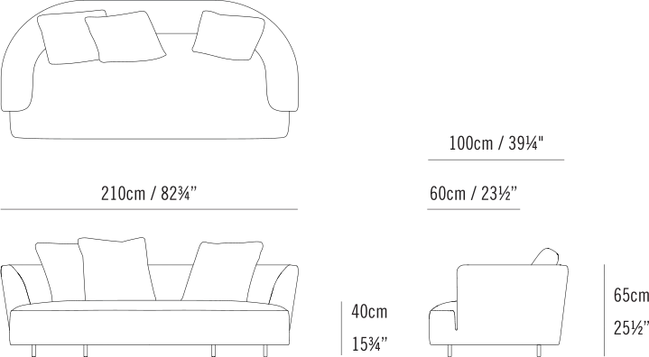 Max Sofa by Bensen, size drawing: Max Sofa 210