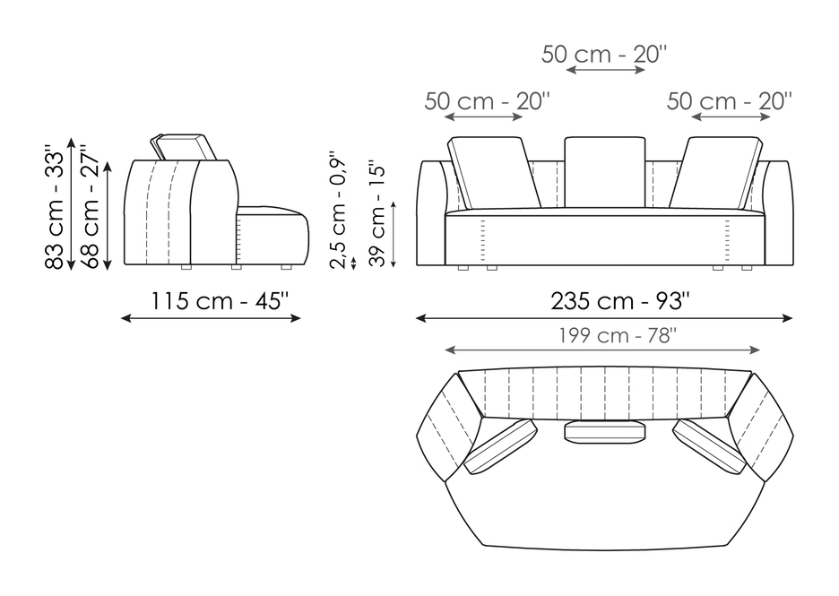 Panorama New Sofa by Bonaldo, size drawing: Sofa 235