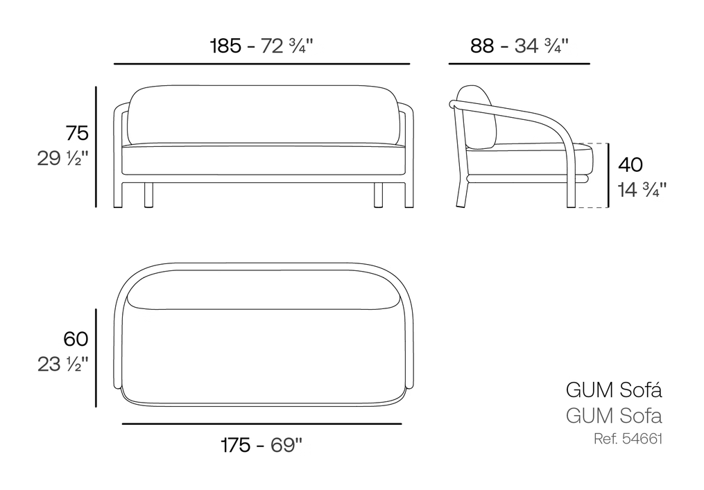 Gum Sofa by Vondom, size drawing