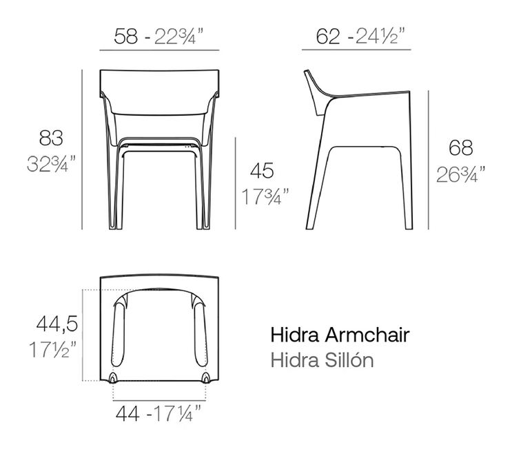 Hidra Armchair by Vondom, size drawing