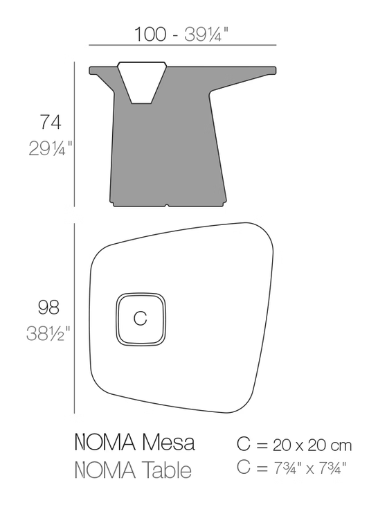 Noma Dining Table by Vondom, size drawing