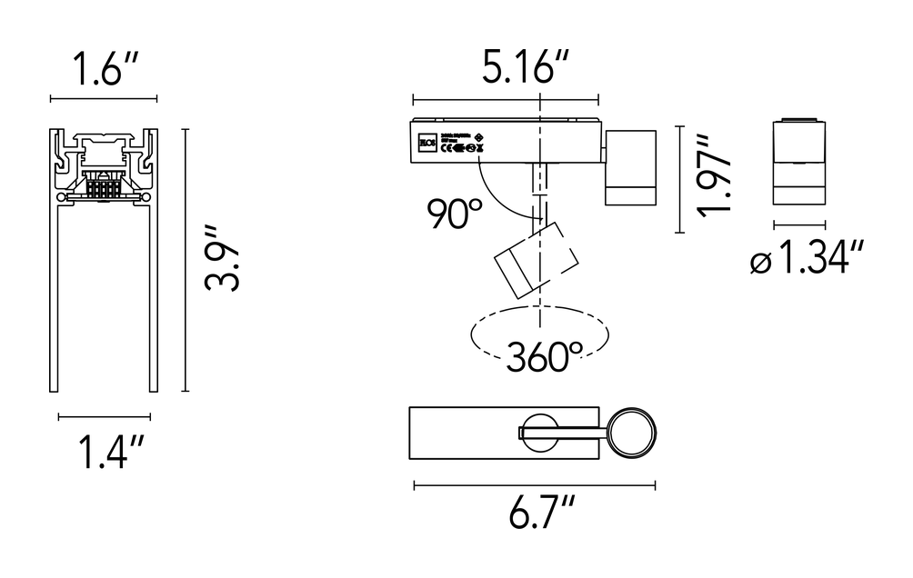 The Running Magnet JA8 Lighting Kits by Flos, size drawing: The Running Magnet Kit 1 - Surface Version Spot Modules JA8 Black
