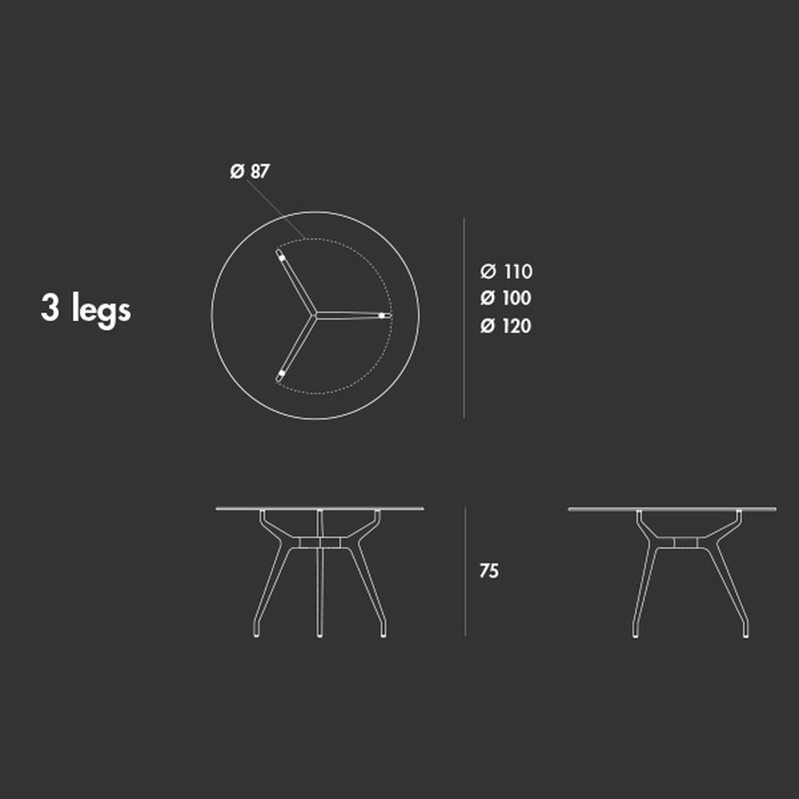 Arkos Round Table by Sovet, size drawing: 3 legs