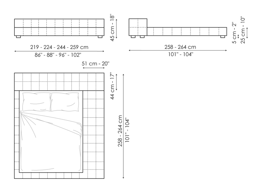 Squaring Double Bed by Bonaldo, size drawing: Squaring penisola variante A