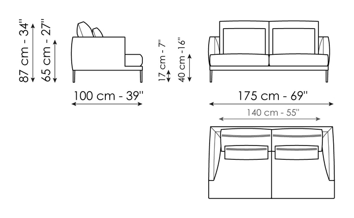 Paraiso Sofa by Bonaldo, size drawing: Sofa 175