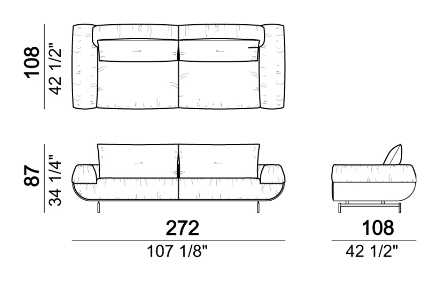 Fastlove Sofa by Arketipo, size drawing: Sofa with back cushions 105 cm