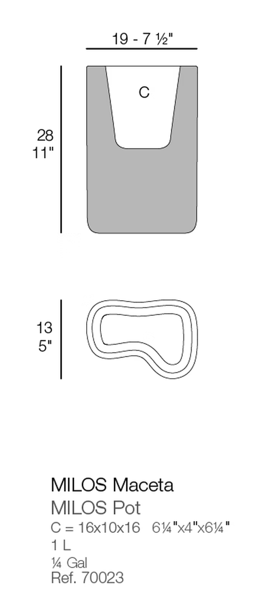 Milos Nano Planter by Vondom, size drawing