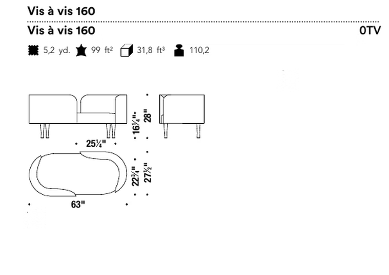 Josephine Sofa by Moroso, size drawing: Vis à vis 160